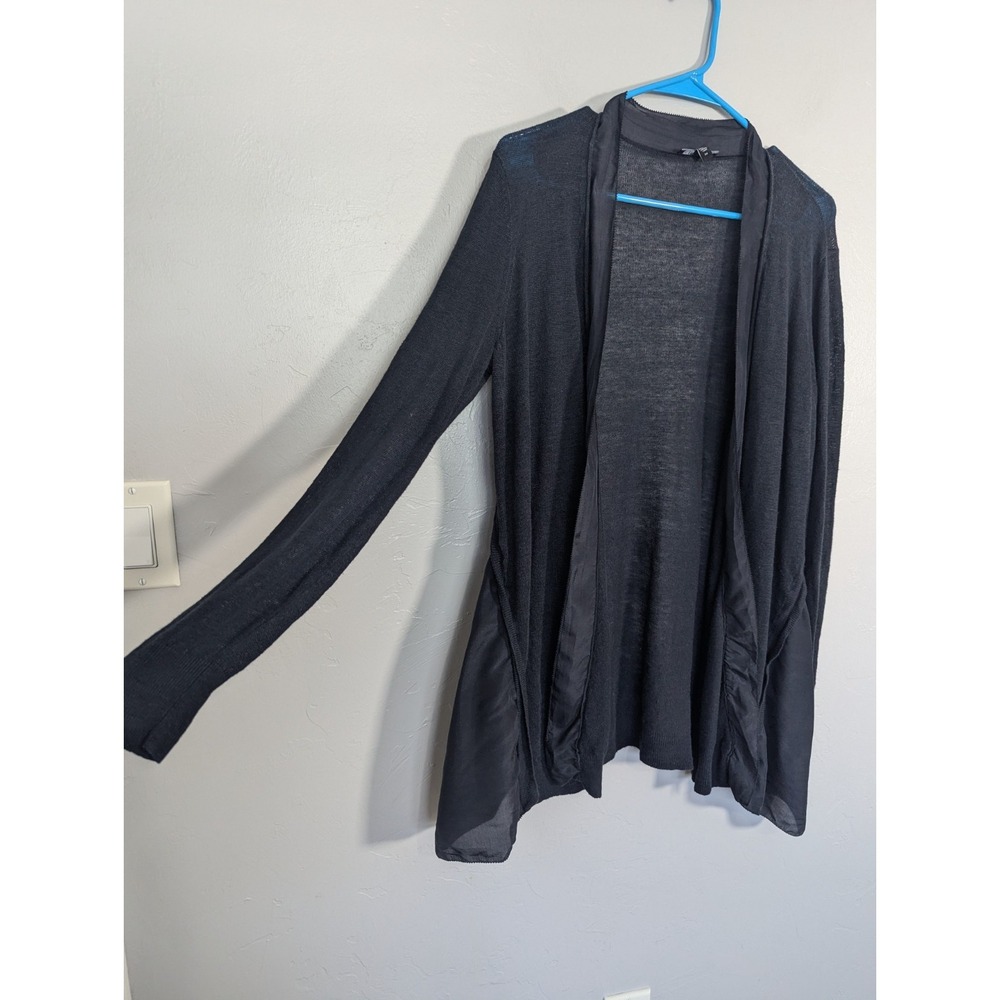 Eileen Fisher Linen Silk Blend Open Front Cardigan navy M Silk Trim - Picture 4 of 6